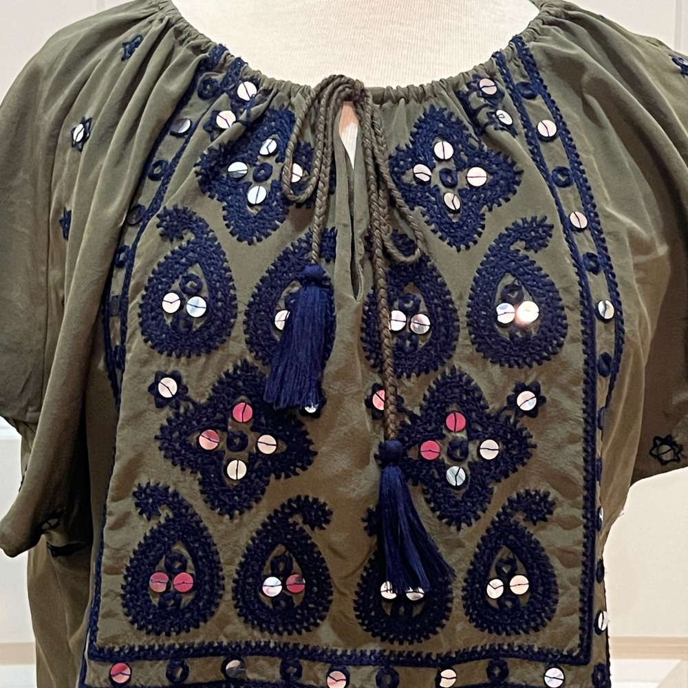 Tory Burch Olive/Navy Silk Top Small